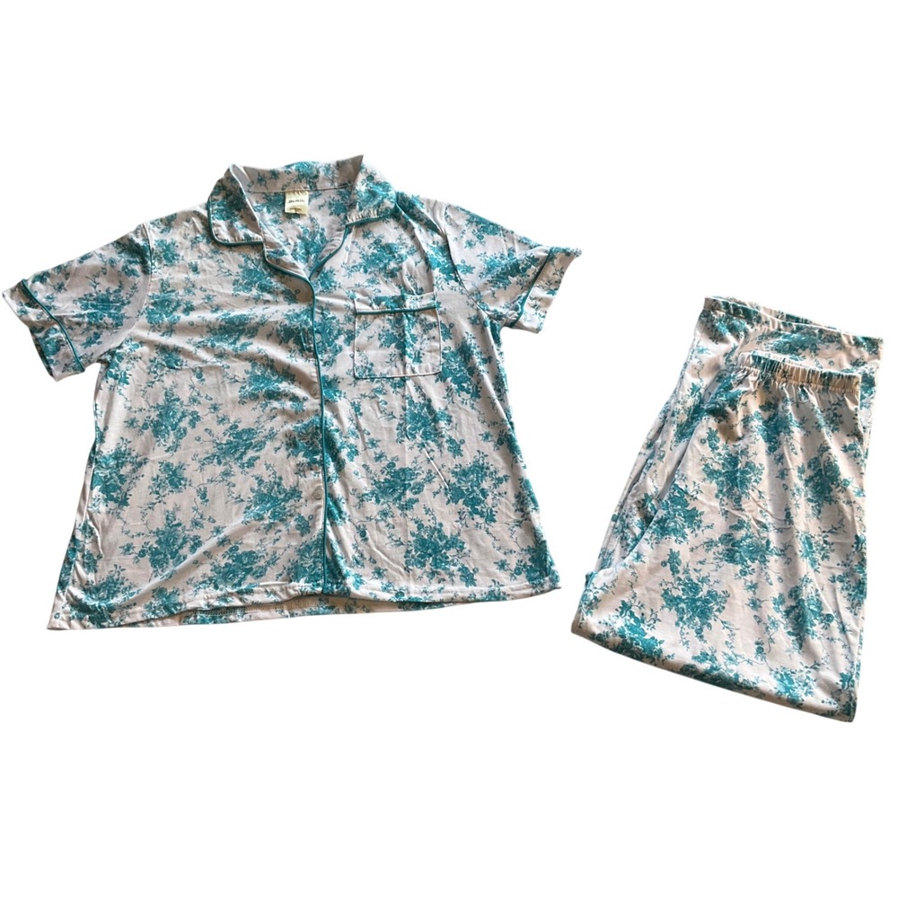 Blair Pajama Set Women Medium Teal Floral Short Sleeve Button‎ Front Pants
